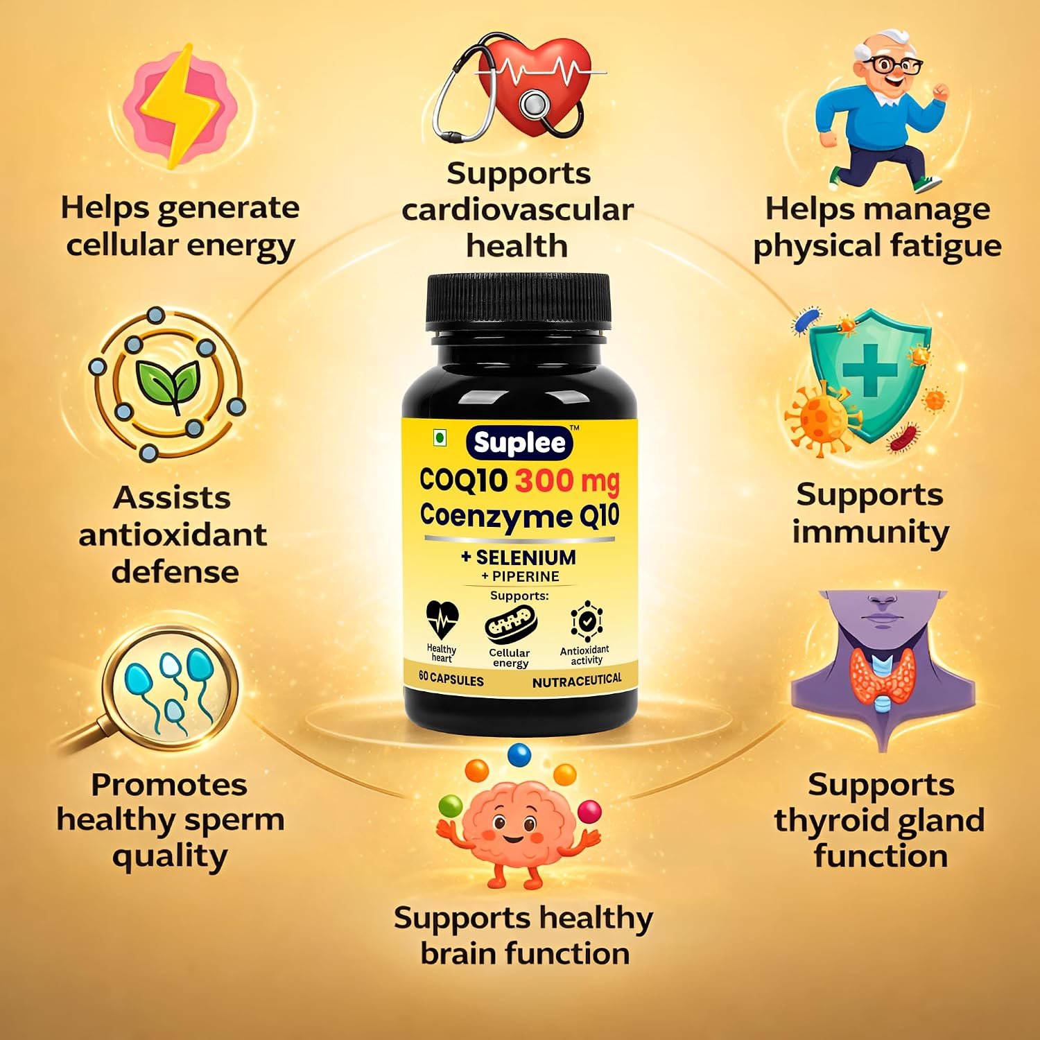Suplee CoQ10 300mg with Selenium 40mcg & Piperine 7mg | Coenzyme Q10 High Absorption Supplement for Heart Health, Energy & Antioxidant Support | 60 Veg Capsules