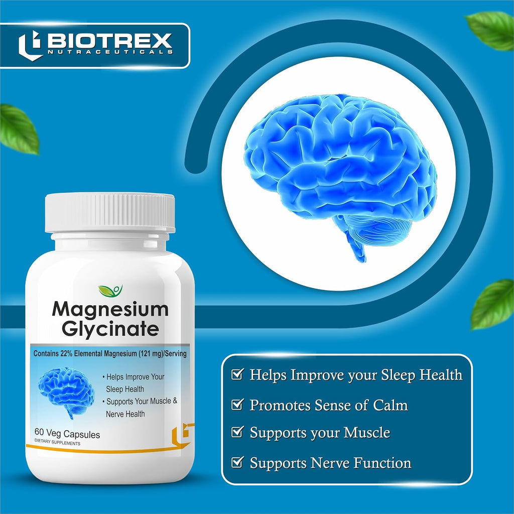 Biotrex Nutraceuticals Magnesium Glycinate | Highest Bioavailability | Cramps, Sleep & Mood balance | Chelated Form With Superior Absorption | Muscle Recovery & Nerve Function | 60 Veg Capsules
