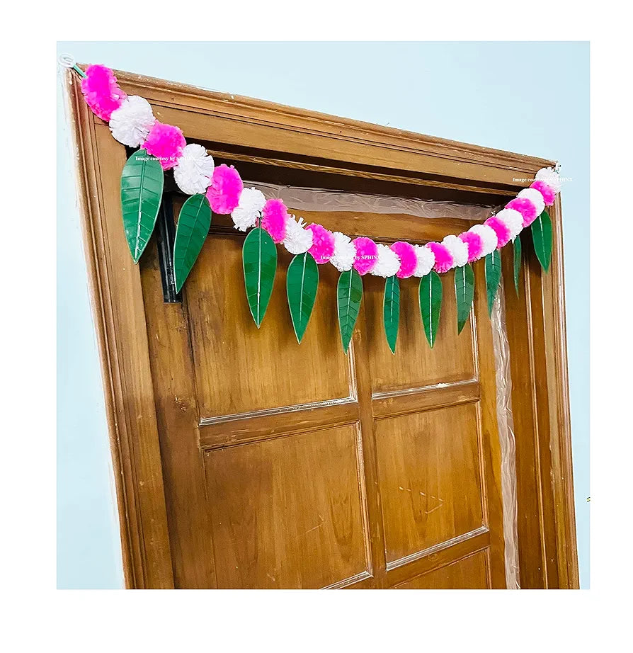 Artificial Marigold &Mango Leaves Simple Door-Window Toran White and Baby Pink