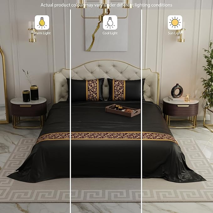 Stoa Paris Solid Bedsheets For Double Size Bed 300 Threadcount Satin Bedsheet Set Colour Black-Gold