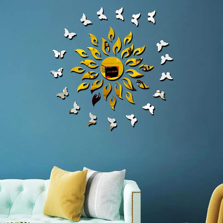 Bikri Kendra 3D Acrylic Mirror Golden Sun with Silver Butterfly Wall Stickers