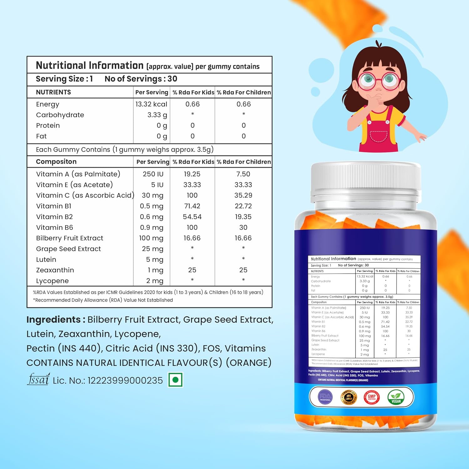 Growfitz Eye Defense Gummies with Lutein & Zeaxanthin | Reduces Digital Strain | Orange Flavor 30 Gummies | Eye Vision Support Supplement for Kids, Men & Women | Natural Ingredients, Multivitamins