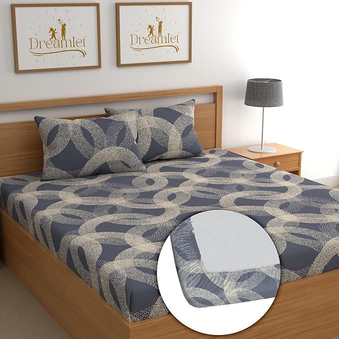 Dreamlet All Around Elastic Supersoft 210tc Premium Cotton Elastic Fitted Bedsheets With 2 King Size Pillow Covers | Denim Blue