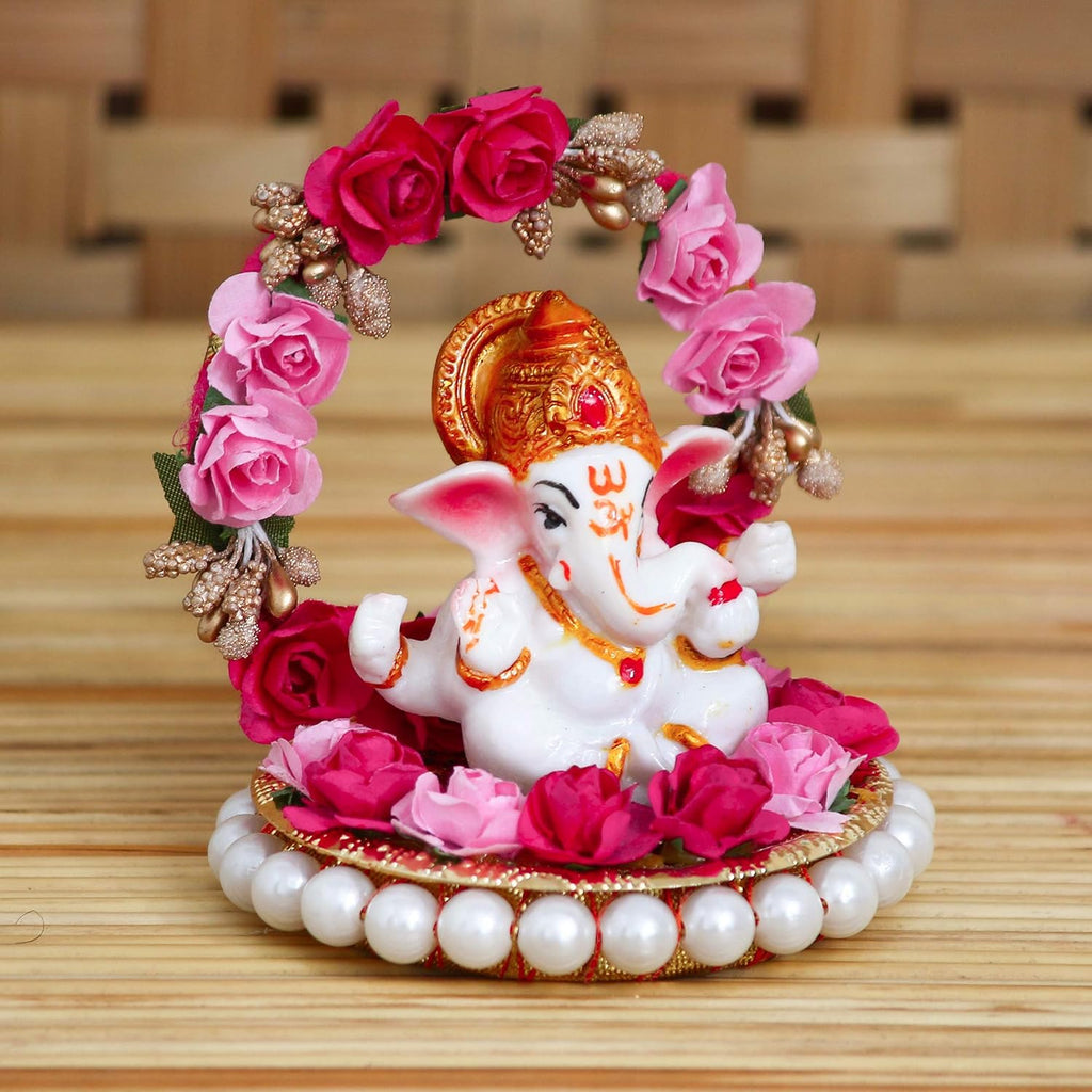 Ecraftindia Lord Ganesha Idol on Decorative Handcrafted Plate With Throne of Pink and Red Flowers
