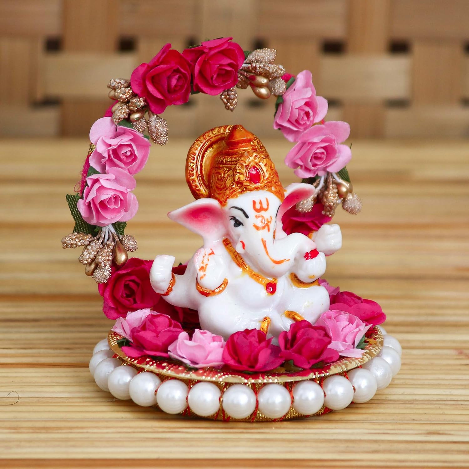 Ecraftindia Lord Ganesha Idol on Decorative Handcrafted Plate With Throne of Pink and Red Flowers