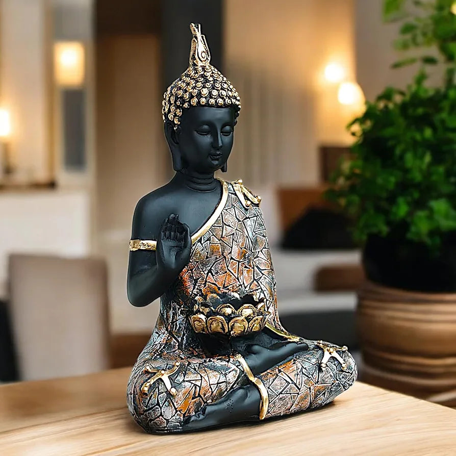 Neelaya Meditating Buddha Tealight Holder Polyresin Statue 28 Cm Black Brown