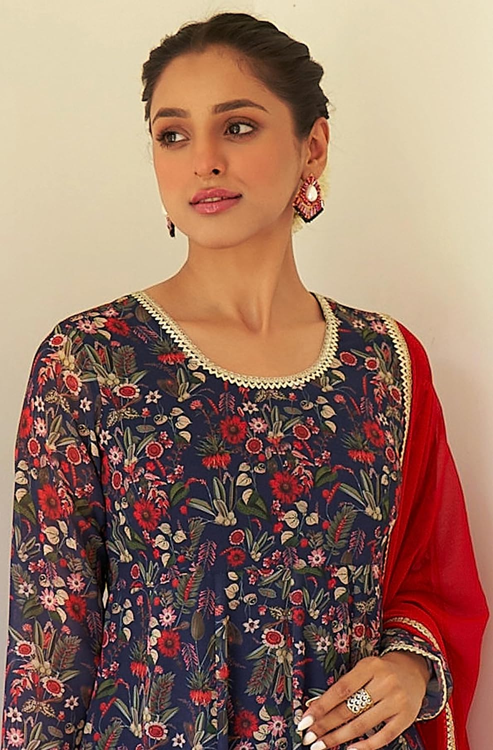 Janasya Women's Georgette Digital Floral Printed Embellished Kurta Set Bottle Green