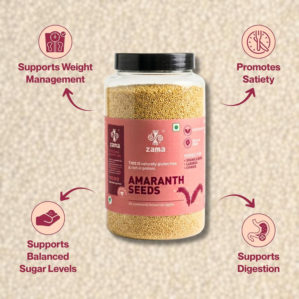 Zama Organics Amaranth Seeds 1Kg Jar | Rich in Fiber & Protein | Keto Friendly | Gluten free, Calcium Rich | No Cholesterol | Rajgira Seed | Best for soups, chapati, salads