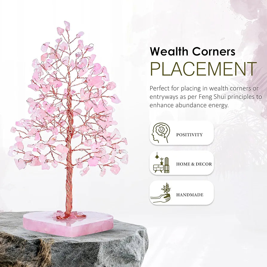 Zaicus Rose Quartz Heart Base Feng Shui Gemstone Bonsai Tree with Healing Crystals