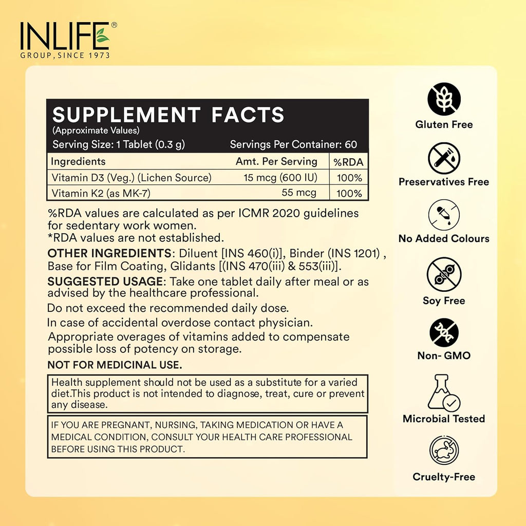 INLIFE Vitamin D3 K2 Supplement | Derived from Lichen (Plant Based) & Vitamin K2 (MK7) | Supports Bone, Teeth, Heart, Immunity, Mood, Strength, Recovery | For Men & Women - 60 Vegetarian Tablets