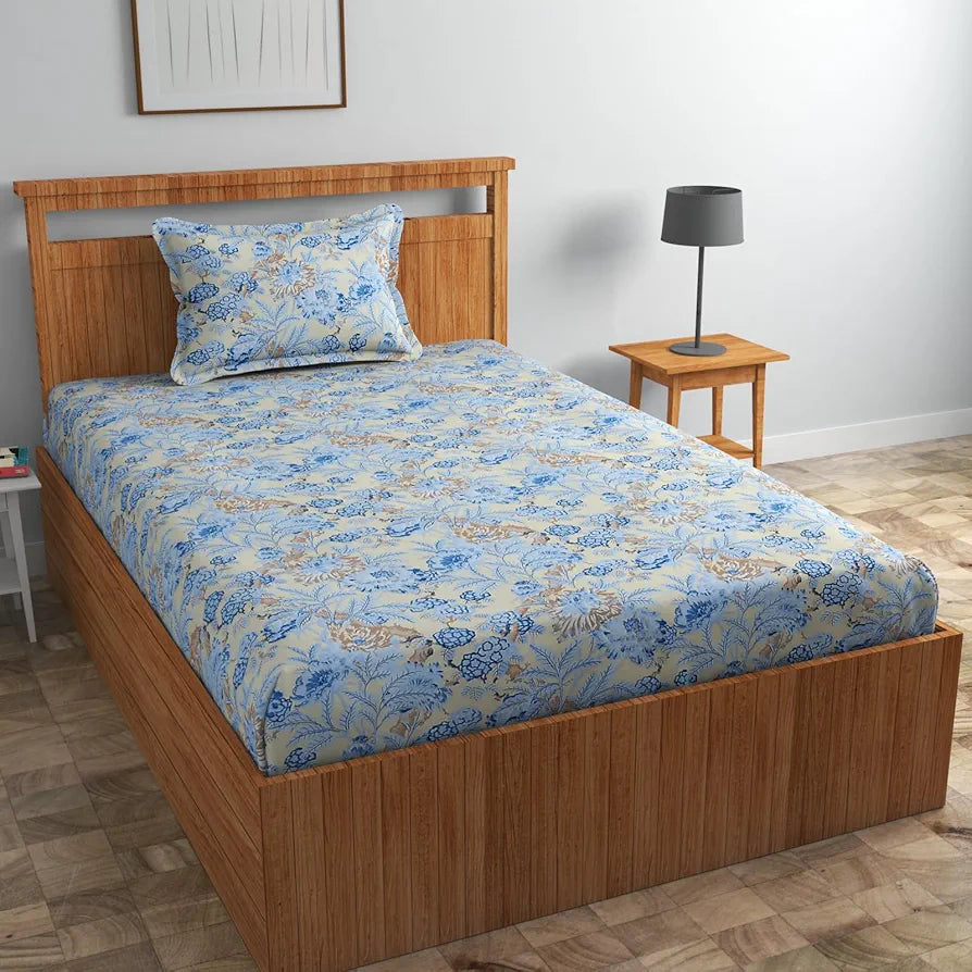 Homefab India 160 TC Glace Cotton Single BedSheet with 1 Pillow Cover Light Blue Floral
