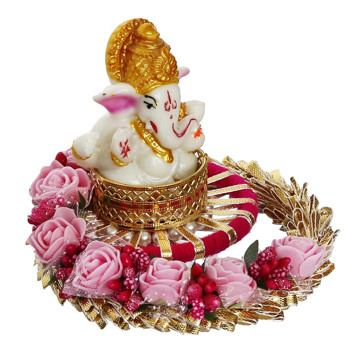 Ecraftindia Polyresin Lord Ganesha Idol on Pink Floral Handcrafted Plate | Exquisite Hindu God Figurine