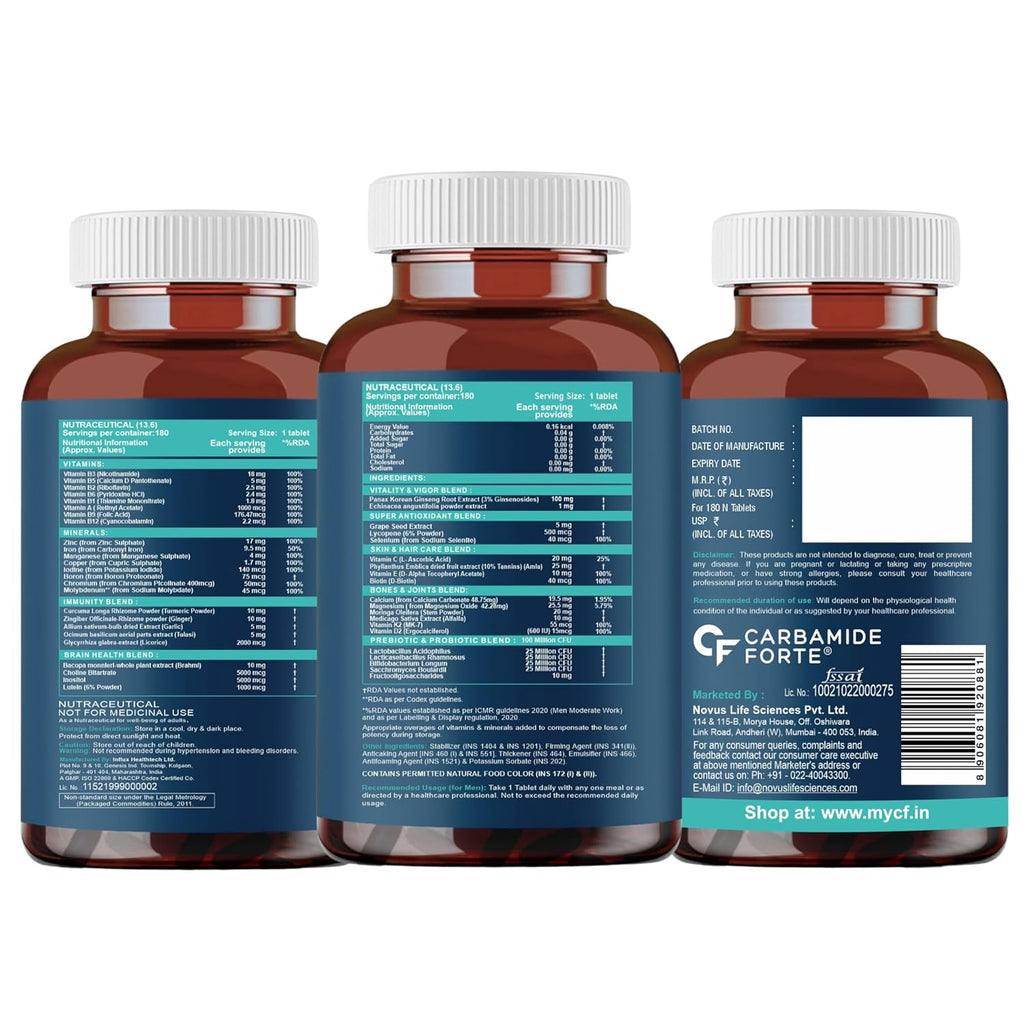 Carbamide Forte Multivitamin Tablet For Men & Women | Multi vitamin For Men | Best Multivitamin For Men & Women With Probiotics & Ginserg To Support Immunity & Energy | 180 Tablets