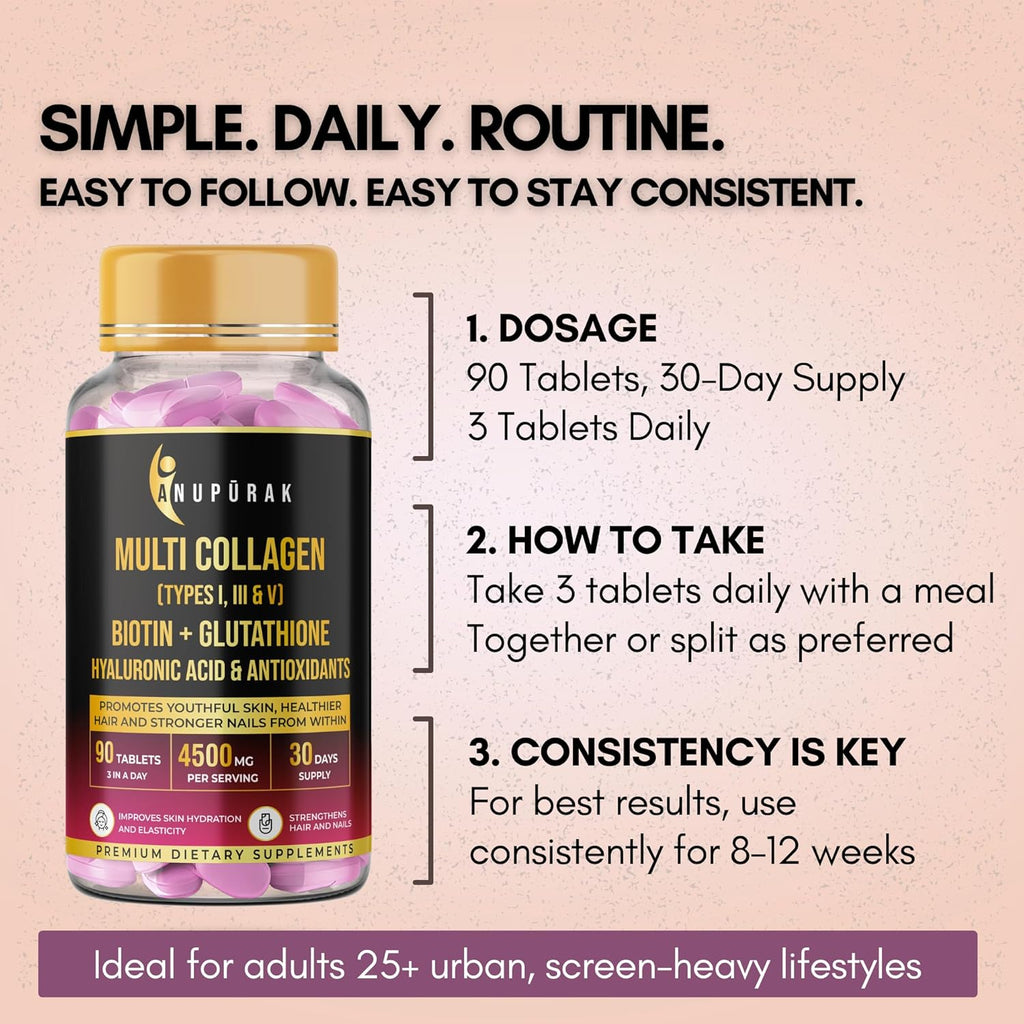 ANUPURAK Multi Collagen Complex Tablets — 3000mg · Types I, III & V | 18 Actives: Reduced Glutathione, Hyaluronic Acid, Astaxanthin & Biotin | Skin, Hair & Nail Daily Beauty Nutrition | 90 Tablets (30 Days)