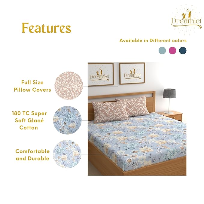Dreamlet Premium Cotton Flat Double Bedsheets With 2 King Size Pillow Covers Double Bed Breathable | Blue