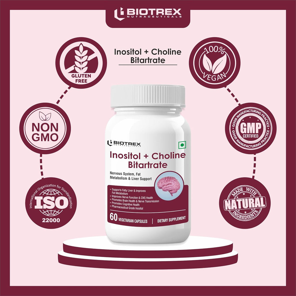 Biotrex Nutraceuticals Myo Inositol & Choline Bitartrate 750mg Complex, Healthy Brain & Nervous System, 99% High Purity Grade Inositol - 60 Vegetarian Capsules