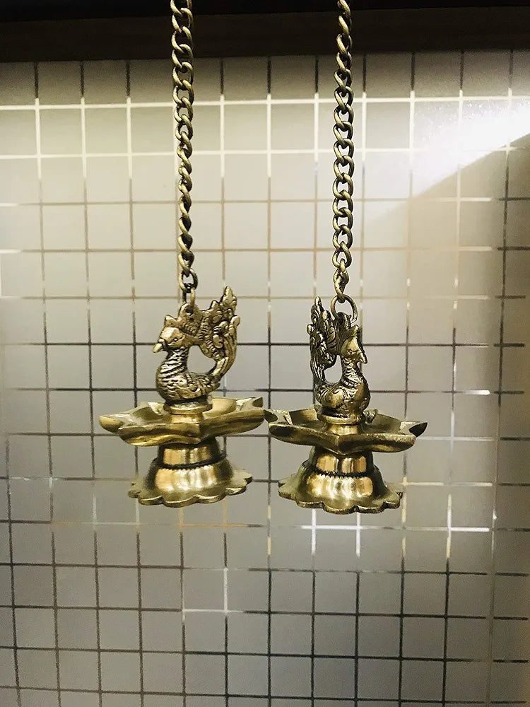Two Moustaches Brass Peacock Carved Hanging Diya Set Antique Yellow -Pack of 2