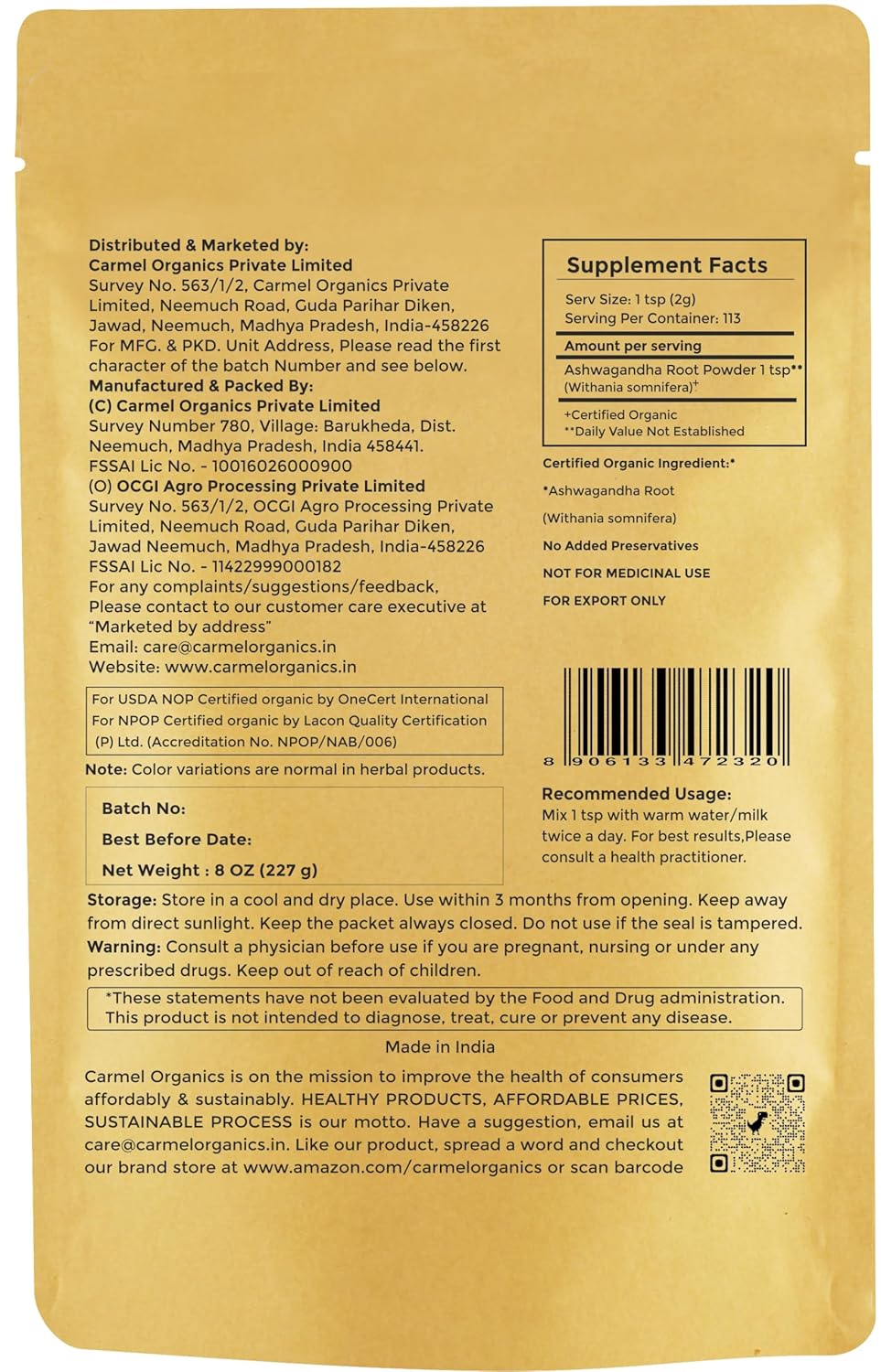 CARMEL ORGANICS Ashwagandha Root Powder (227 Grams)|Jaivik Bharat Certified|Pure|Natural|Helps Fight Anxiety & Stress|Ashwagandha Podi/Amukkara Kizhangu/Asvagandha Churna