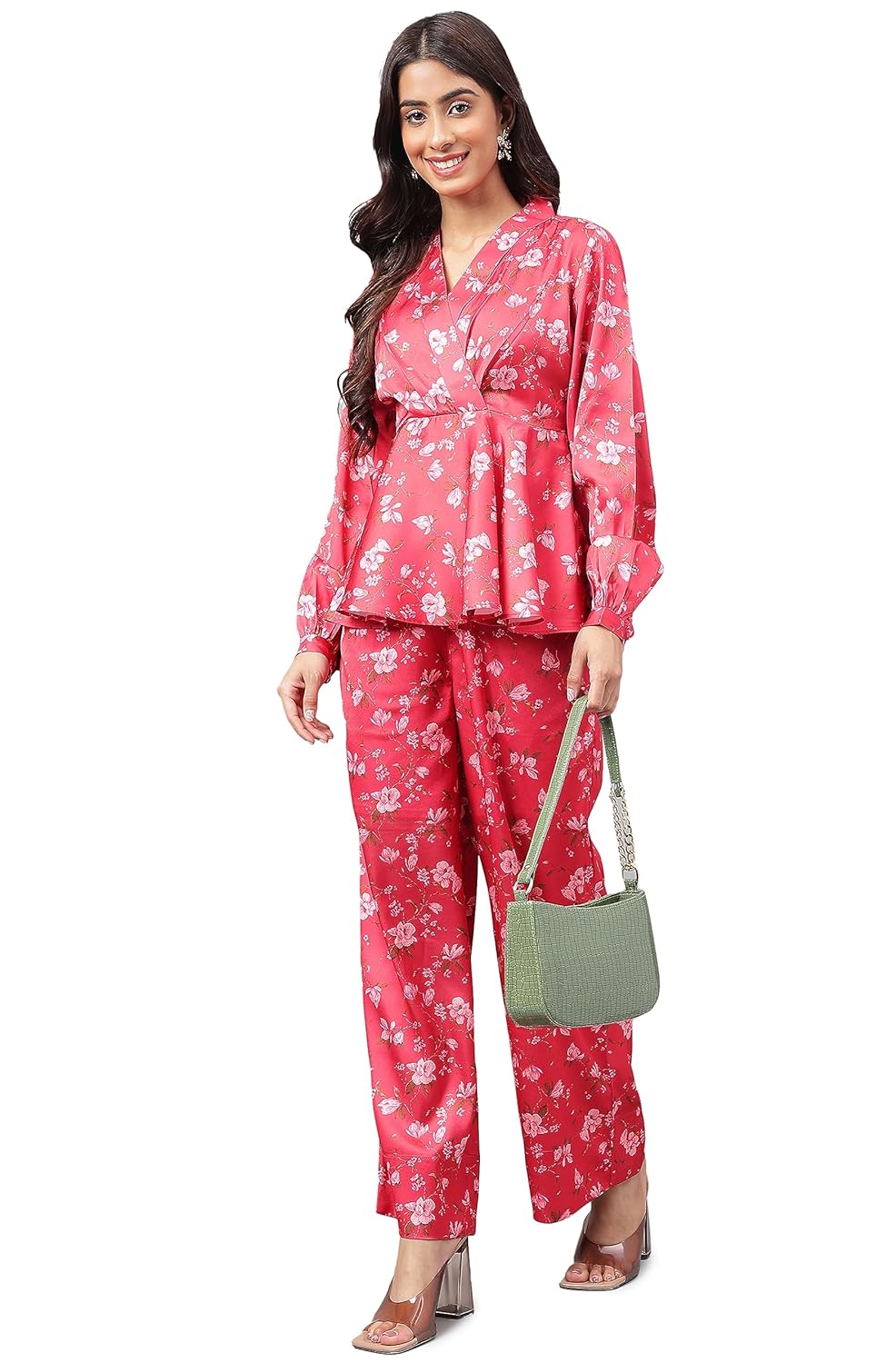 Janasya Women's Red Satin Digital Floral Printed Co-ords Set