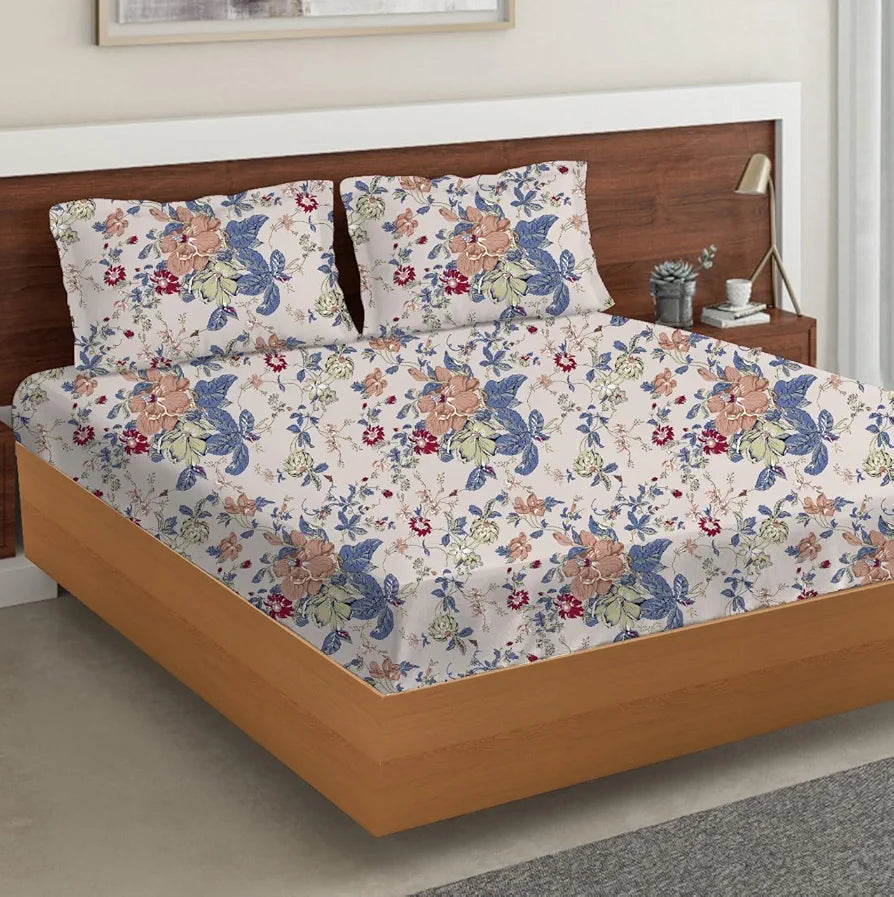 Trance Home Linen Skin Friendly 100% Cotton Printed Fitted Bedsheet for Queen Size Bed with 2 Pillow Cover Premium 180TC Colour Spring Foliage
