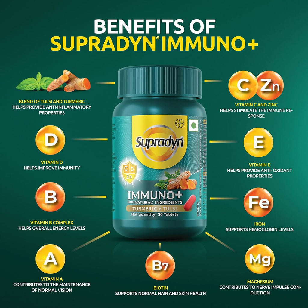 Supradyn Immuno +, Multivitamin, Natural immunity booster with Vit C, Vit D, Zinc, Unique blend of Tulsi, Turmeric, Shatavari & Ashoka (30 Tabs)