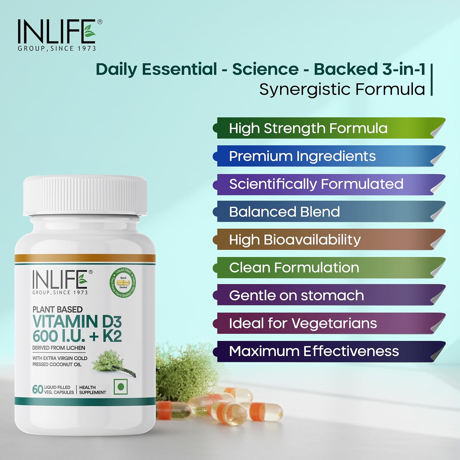 INLIFE Plant Based Vitamin D3 K2 Supplement from Lichen Source with Extra Virgin Cold Pressed Coconut Oil for Bone Health & Immune Support, 600 IU - 60 Vegetarian Capsules (Pack of 1)