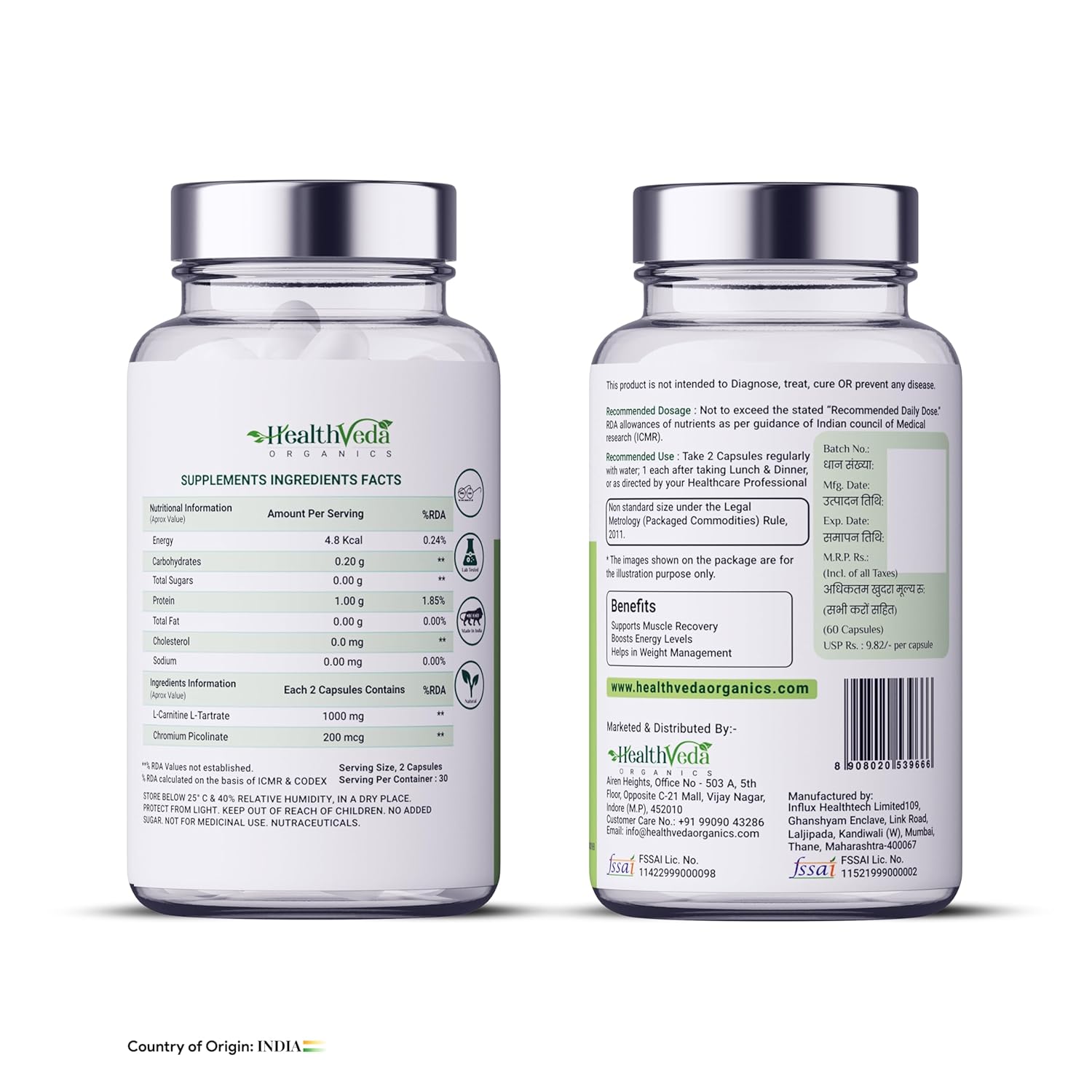 Health Veda Organics L Carnitine L-Tartrate, 1000mg | Pre-Workout Supplements | Supports Muscle Recovery & Endurance | For Both Men & Women I 60 Veg Capsules