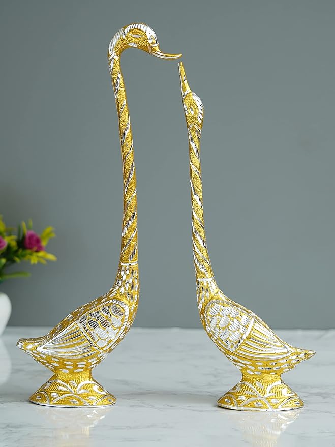 Ecraftindia Golden Metal Handcrafted Kissing Swan Couple Statues Love Birds Showpieces | Elegant Home Decor for Living Room