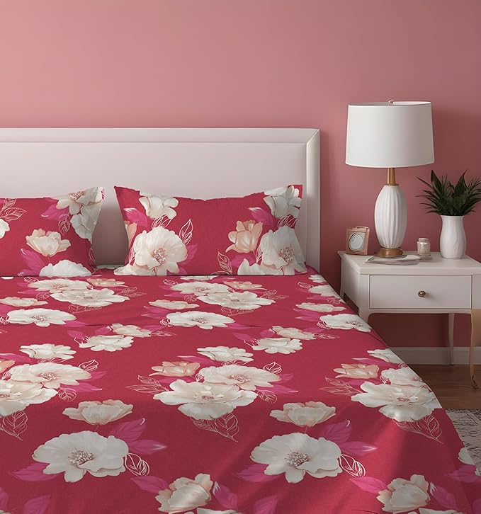 Dreamlet Presents Luxurious Supersoft Cotton Feel 210tc King Size Elastic Fitted Double Bedsheets With 2 Pillow Covers | Red