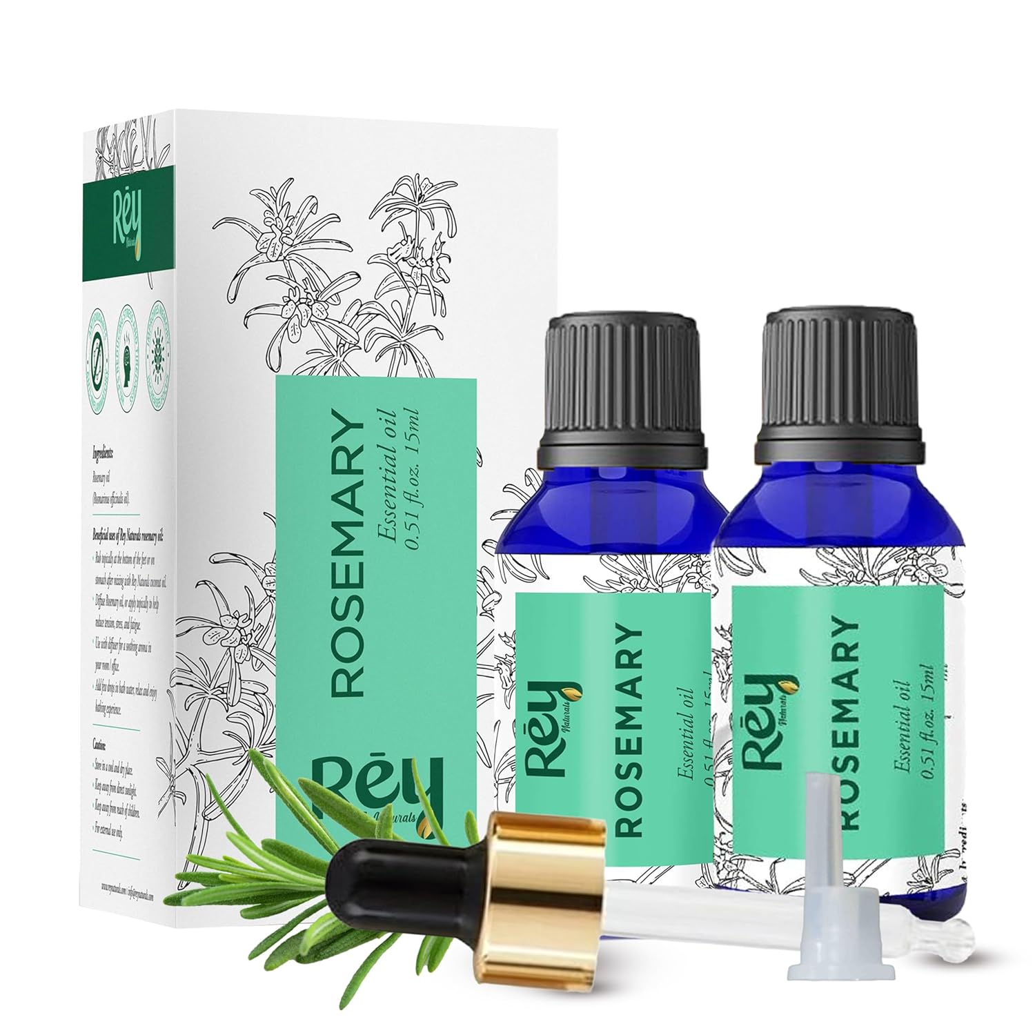 Rey Naturals Rosemary Oil For Hair Growth Essential Oil - 15 ml (Pack of 2)