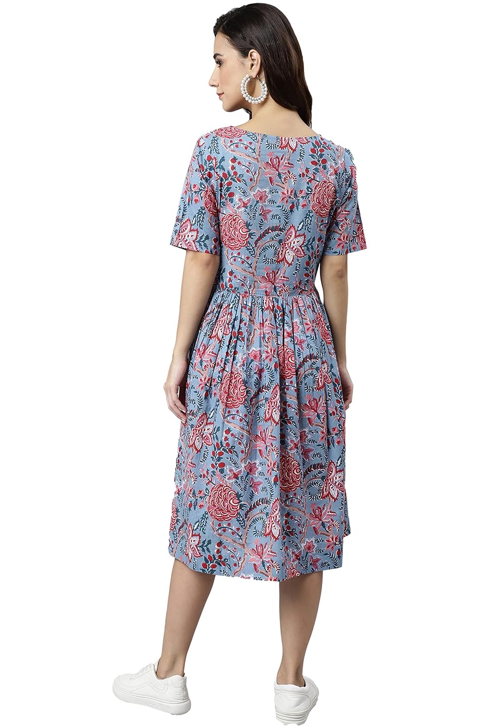 Janasya Women's Sky Blue Cotton Floral Print Flared Western Dress