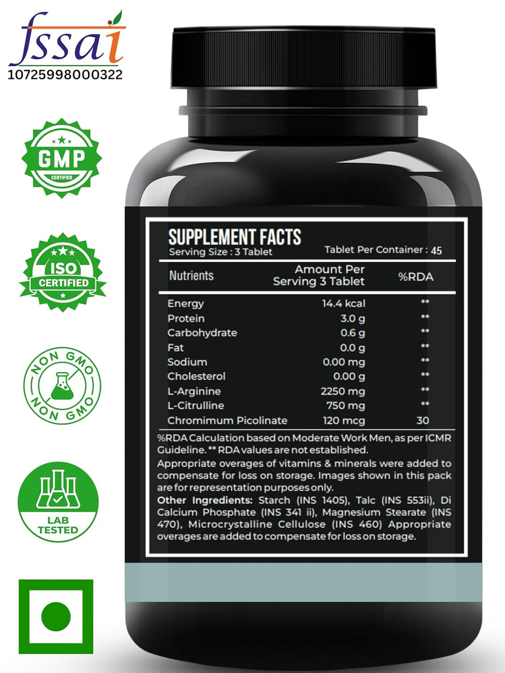 Nutrasium Nitric Oxide Supplement For Man | 2250 mg L-Arginine, 750 mg L-Citrulline with Chromium Picolinate For Supports Nitric Oxide Level, Improve Muscle Pump & Blood Flow, Boost Endurance, Stamina & Performance | 45 veg Tablets.