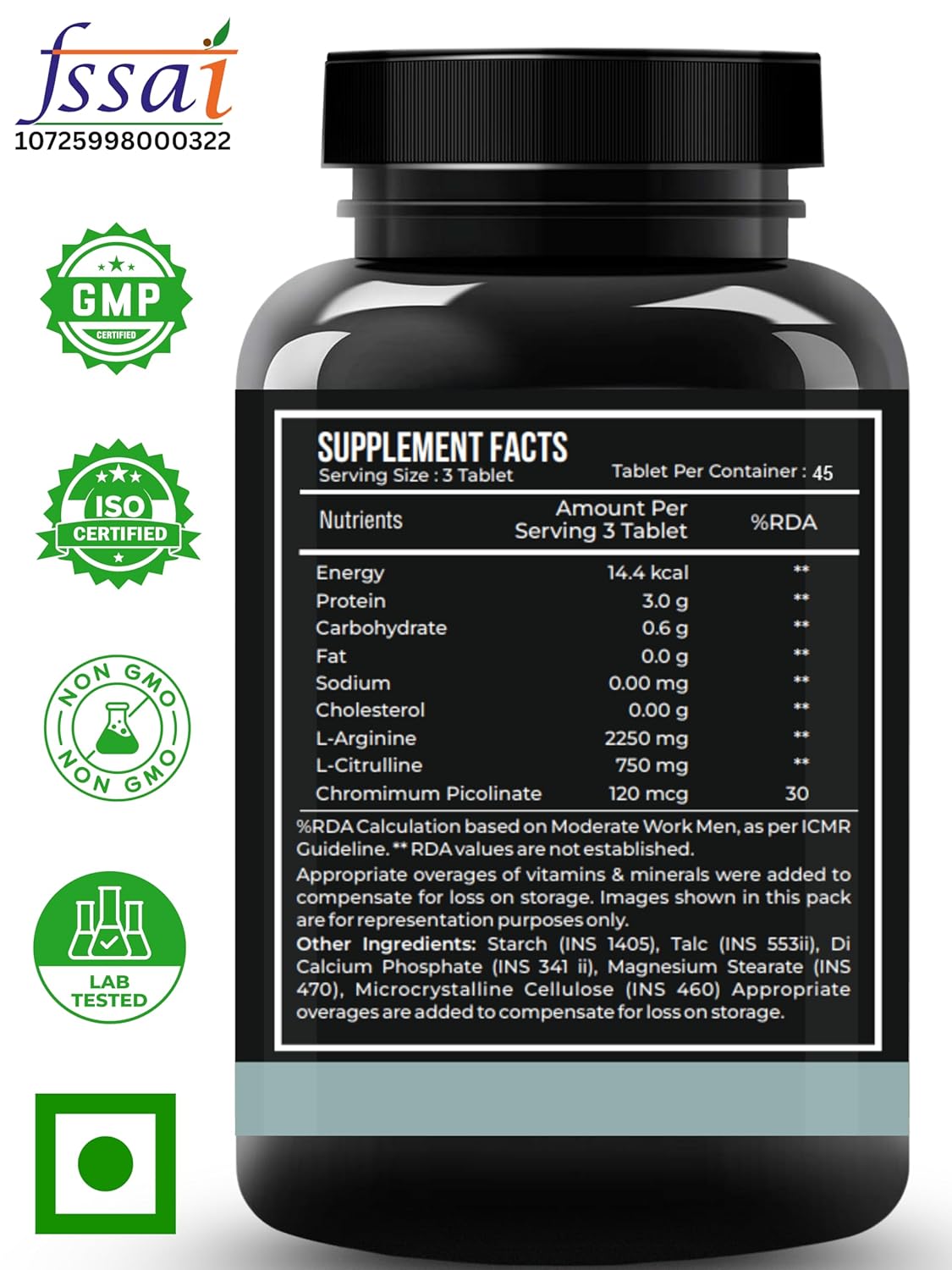 Nutrasium Nitric Oxide Supplement For Man | 2250 mg L-Arginine, 750 mg L-Citrulline with Chromium Picolinate For Supports Nitric Oxide Level, Improve Muscle Pump & Blood Flow, Boost Endurance, Stamina & Performance | 45 veg Tablets.