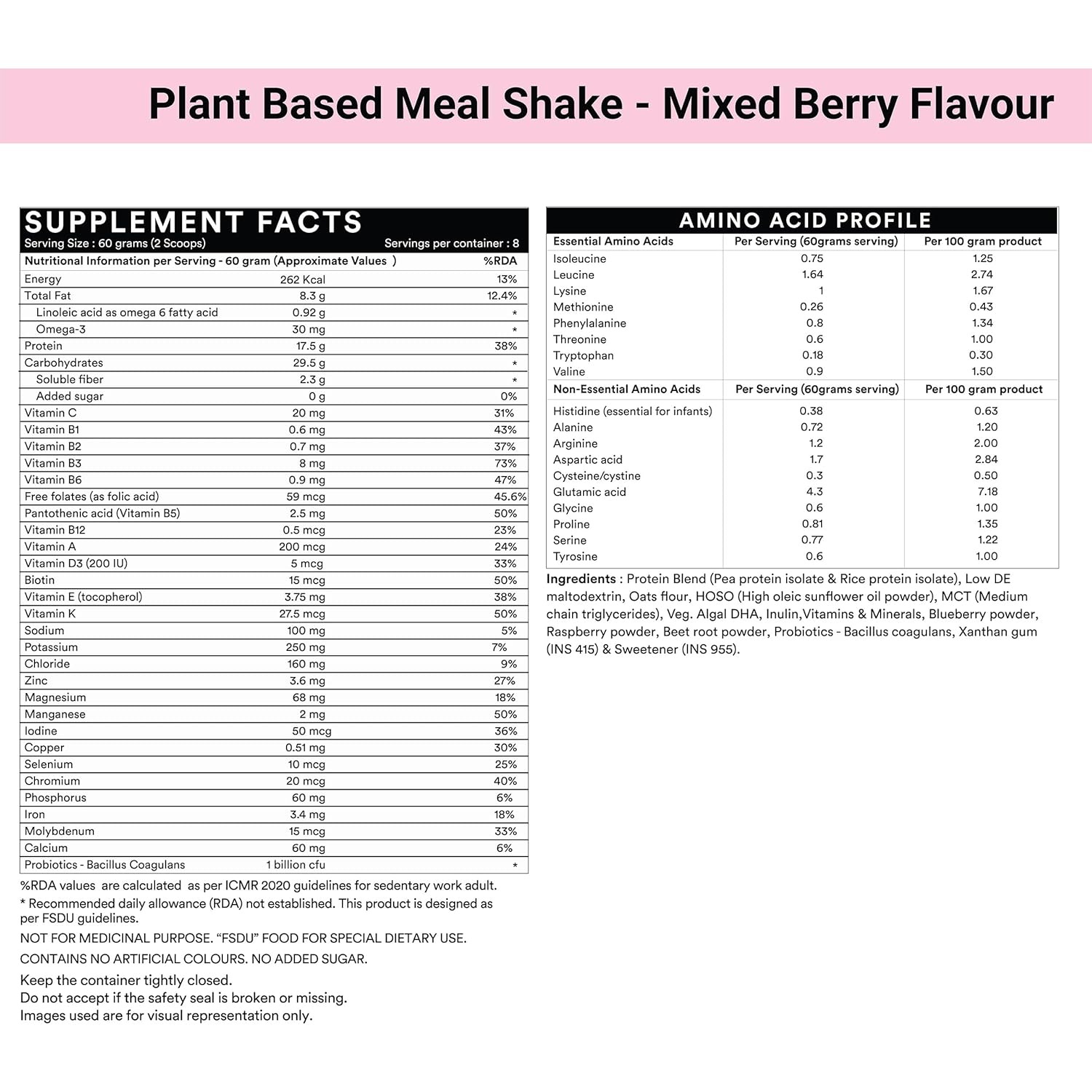 INLIFE Plant Based Meal Replacement Shake | Plant Protein Powder (17.5 Protein) No added Sugar, Lactose Free | Added Probiotics, 500g (Mixed Berry)