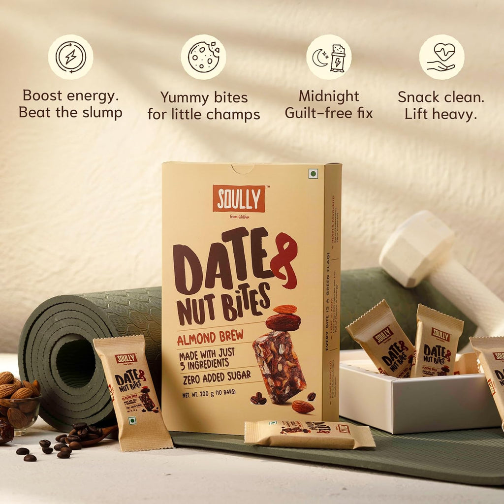 SOULLY Almond Brew Date & Nut Mini Energy Bars 200g (10 Bars x 20g) | Whole Dates, Roasted Almonds, Real Coffee & Pure Cow Ghee | Just 93 Calories Per Bar | No Added Sugar | No Preservatives | For Coffee Lovers