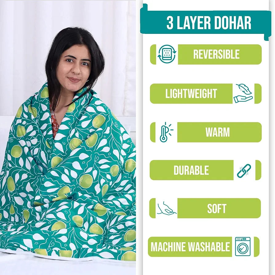 Divine Casa Glace Cotton 120 GSM Reversible Lightweight Printed Double Bed AC Dohar Blanket Quilt Colour Turquoise and Green TC - 120