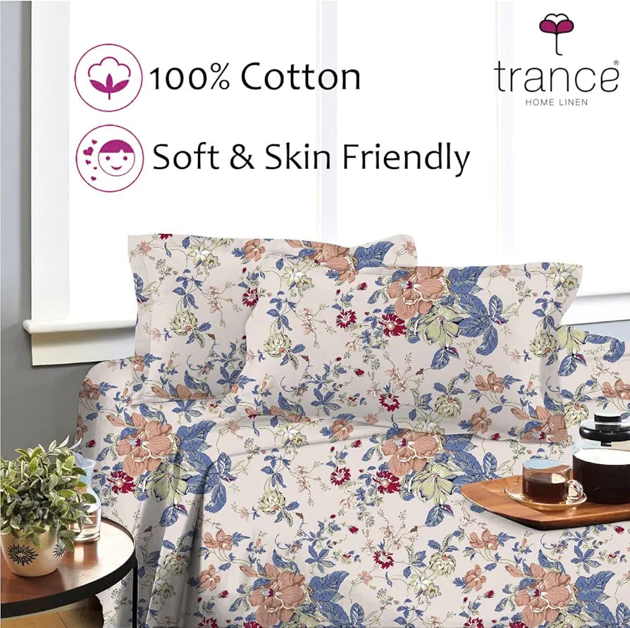 Trance Home Linen Skin Friendly 100% Cotton Printed Fitted Bedsheet for Queen Size Bed with 2 Pillow Cover Premium 180TC Colour Spring Foliage
