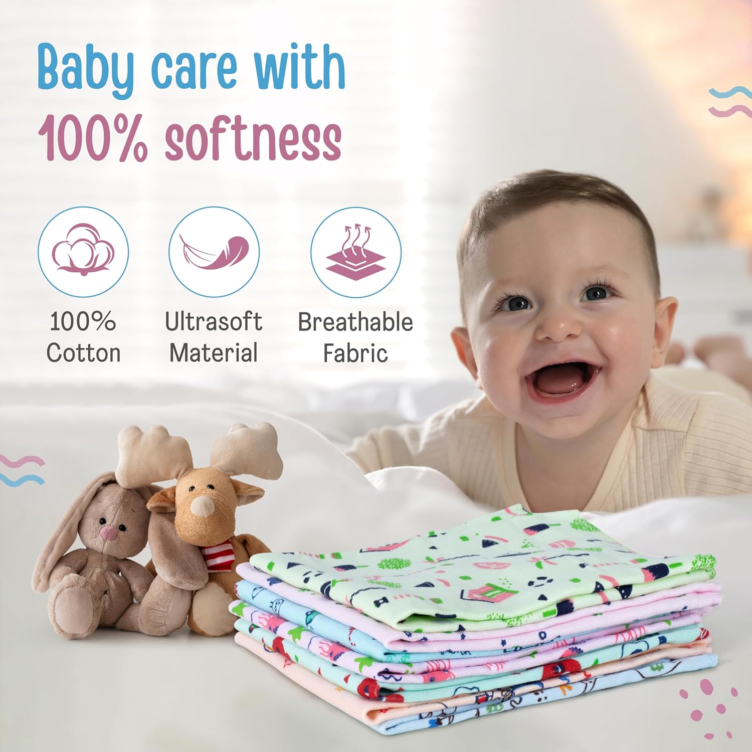 LuvLap Hosiery Cotton Cloth Premium Baby Washcloth for New Born, Washable (30 cm x 30 cm), Reusable, Absorbent, Extra Soft Face Towels/Washcloth for Babies, Starfish Print, Pack of 7 Pcs, Multicolour