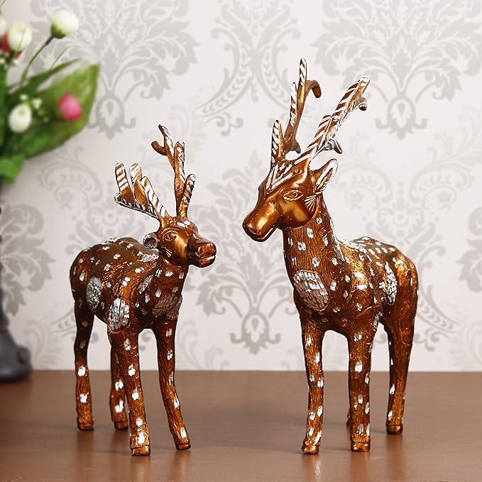 Ecraftindia Set of 2 Brown and Silver Metal Deer Statues Animal Figurines