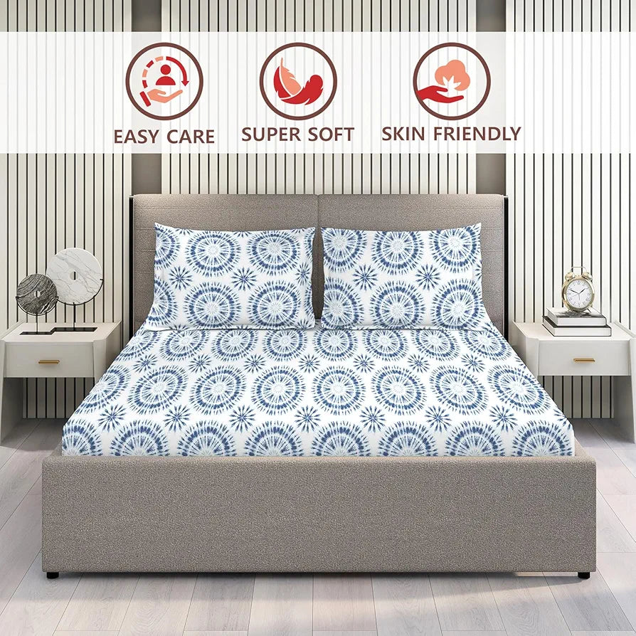 Layers Lumina Floret Cotton Bedsheet Set for All Seasons Lightweight 144 TC Queen Size Blue Paisley