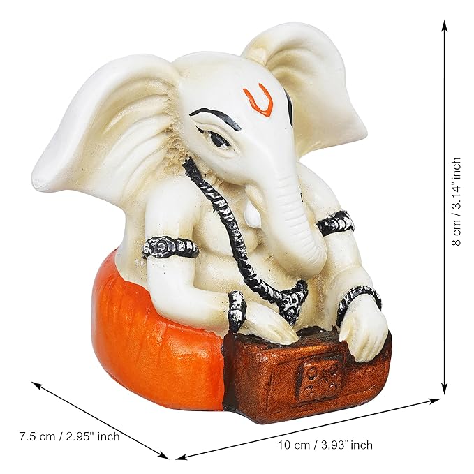 Ecraftindia White & Orange Polyresin Handcrafted Lord Ganesha Idol Playing Harmonium Musical Instrument