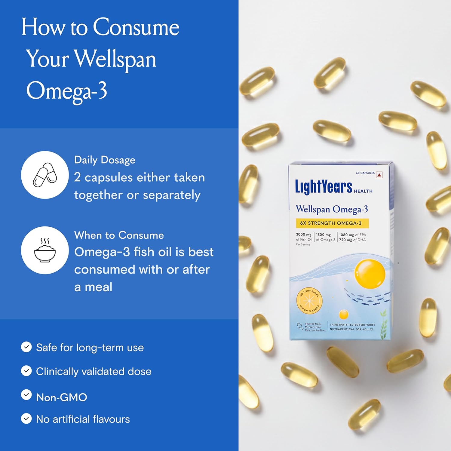 LightYears Wellspan Omega 3 Fish Oil Capsules | 6X Strength | 3000 mg Fish Oil with 1800 mg EPA DHA for Men & Women | Mercury-Free | Lemon Flavoured for No Fishy Burps | 3rd Party Tested | 60 Capsules