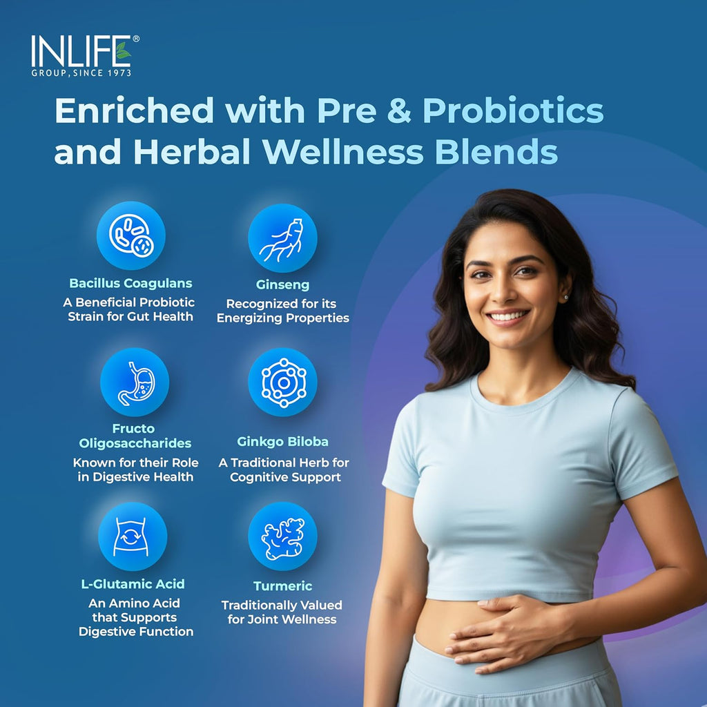 INLIFE Multivitamin Tablets For Men & Women with Ginseng & Prebiotic Probiotic | Multivitamin Supplement with Vitamin B12, C, D, E, Zinc & Biotin Nutrition Tablet (60 Tablets)
