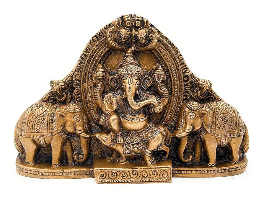Chhariya Crafts Metal Wall Hanging Ganesha Idol with Elephant Pair Decorative Showpiece