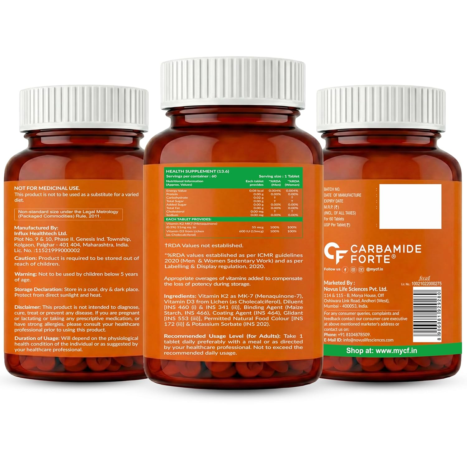 Carbamide Forte Vitamin D3 K2 Supplement | Vitamin K2 MK7 To Support Bone & Heart Health | Veg D3 - Lichen - 60 Tablets