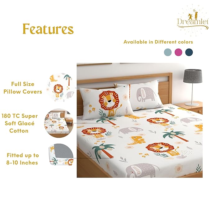 Dreamlet 180tc Cotton Feel All Around Elastic Fitted Bedsheets King Size for Double Bed With 2 Pillow Covers | White