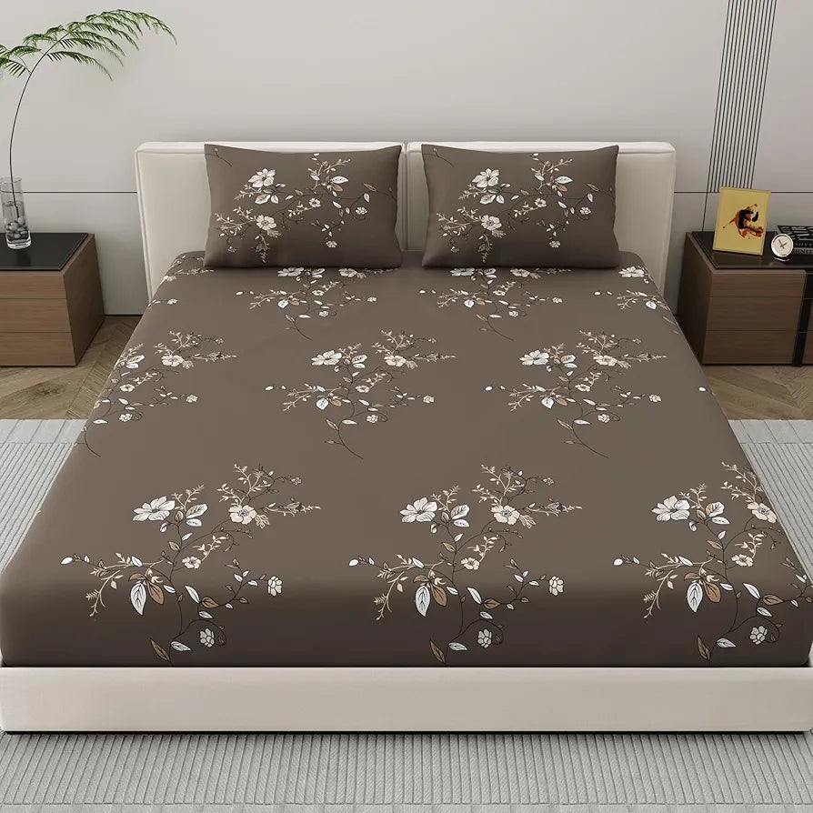 Dreamscape Microfibre Wrinkle & Fade Resistant Fitted Bedsheet for King Bed, 140TC, 1 Fitted Bed Sheet  with 2 Pillow Covers, Dk. Brown Earthy Wood