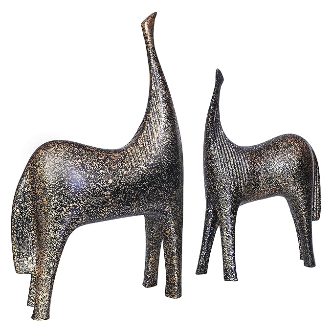 Ecraftindia Set of 2 Black & Golden Horse Statues Decorative Animal Figurines Showpiece for Home Decor
