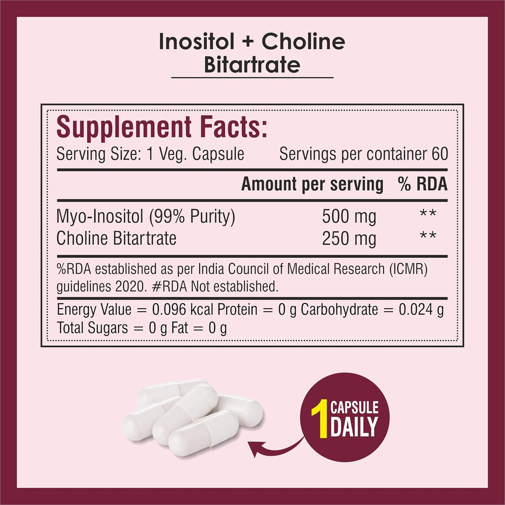 Biotrex Nutraceuticals Myo Inositol & Choline Bitartrate 750mg Complex, Healthy Brain & Nervous System, 99% High Purity Grade Inositol - 60 Vegetarian Capsules