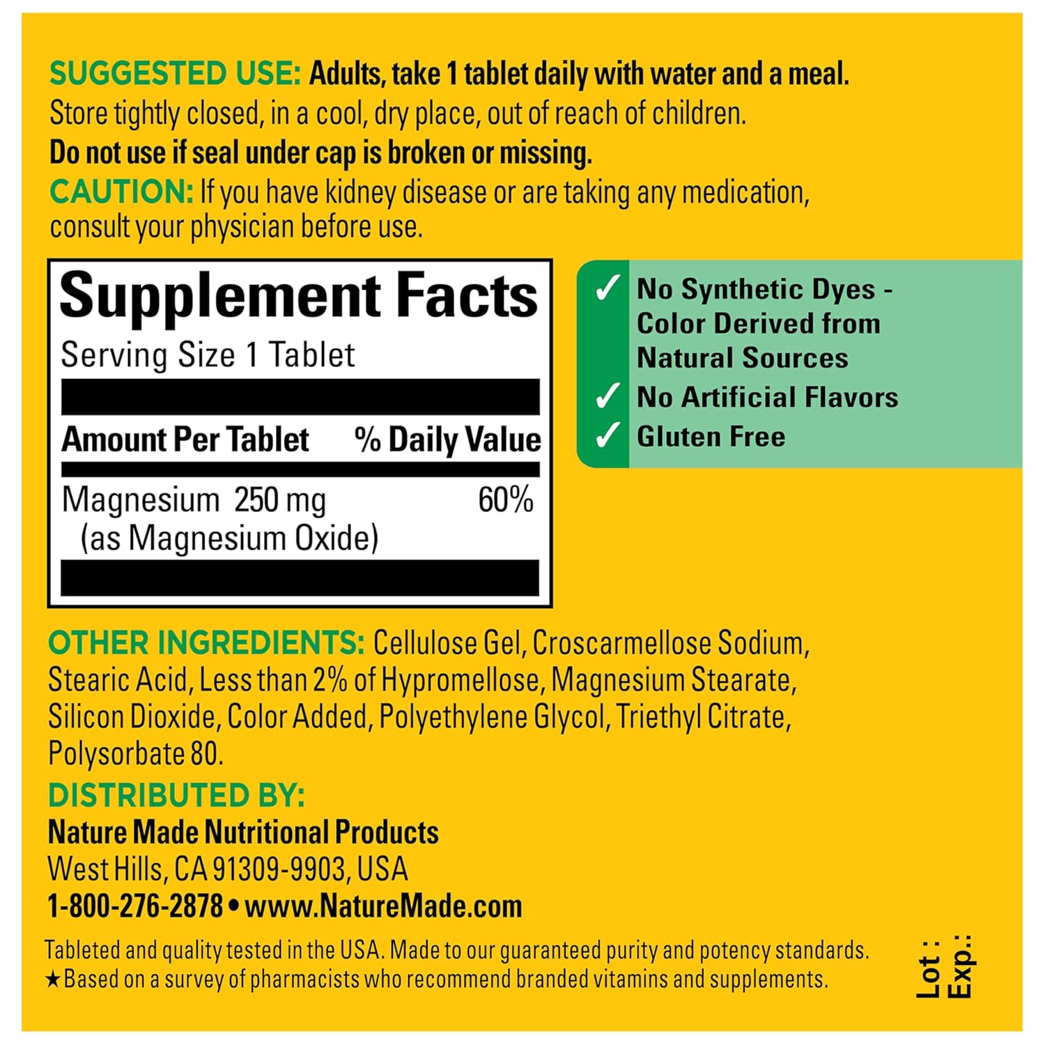 Nature Made MAGNESIUM 250 mg 100 Tablets